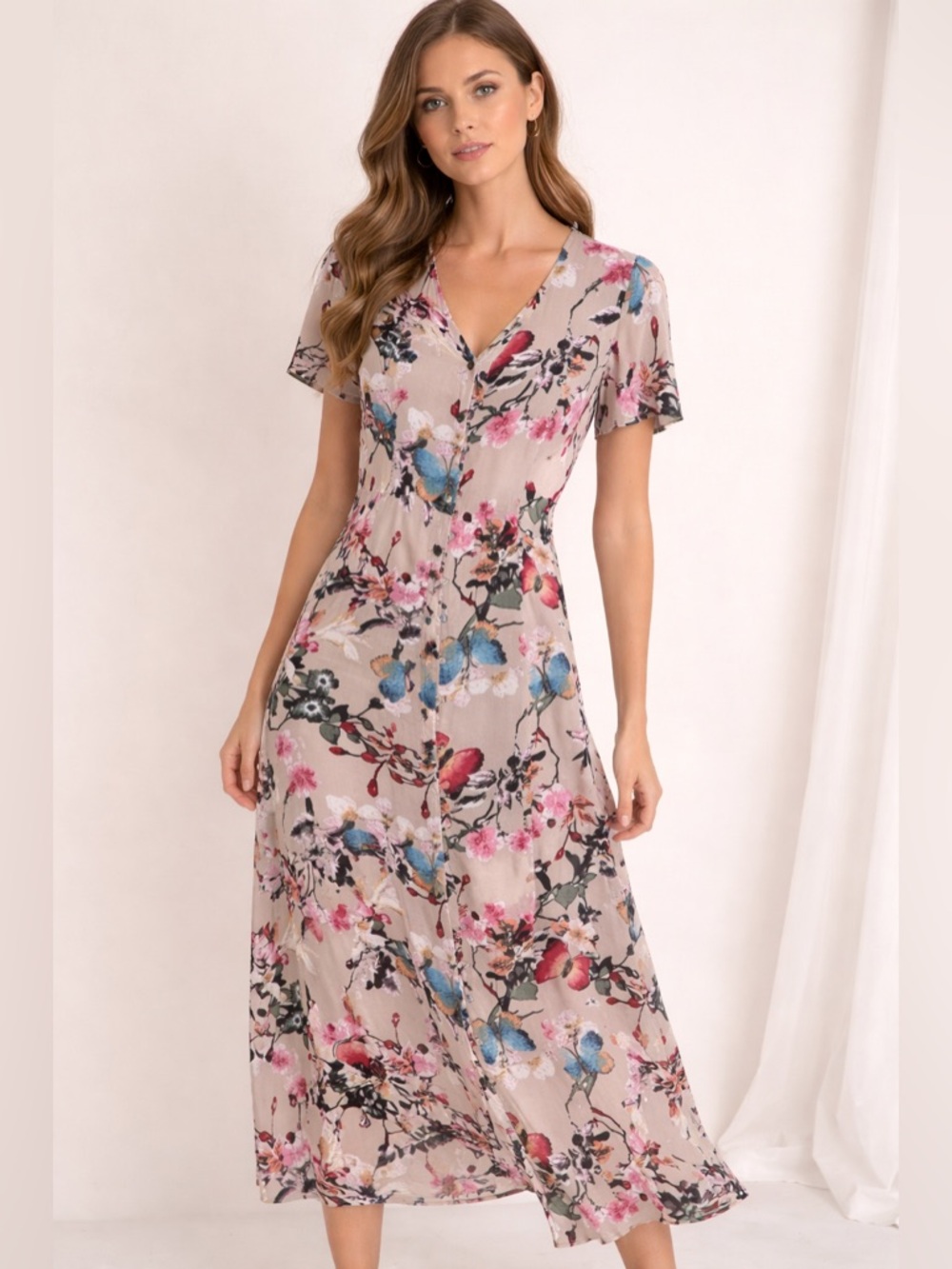 Entro Floral‎ Butterfly Print Hi-Low Maxi Dress Size L Button Front